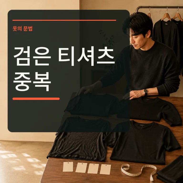 테이블 위 네 벌의 검은 티셔츠를 목선과 소재별로 비교하는 장면 위에 검은 티셔츠 중복 문구를 넣은 대표 이미지