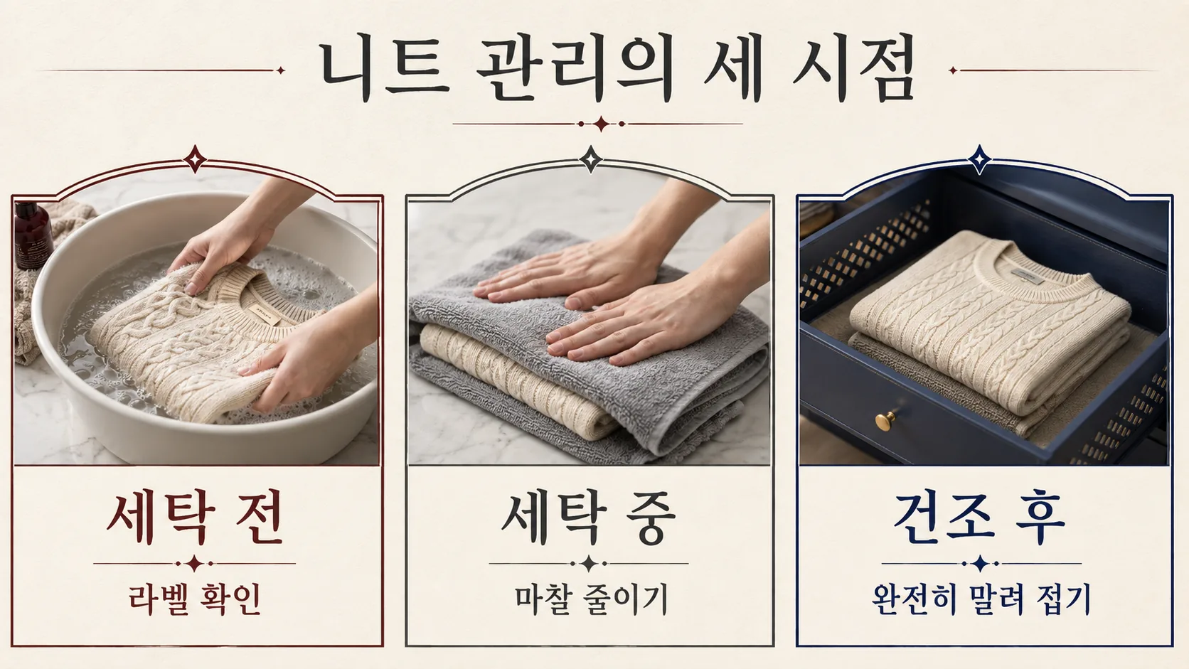 니트의 수분 제거부터 평건조와 접는 보관까지 보여주는 네 단계 인포그래픽
