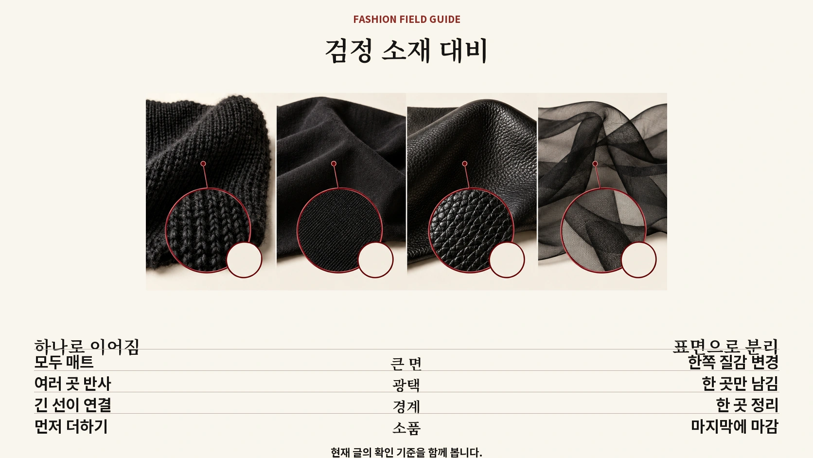 올블랙 코디에 쓰는 검정 소재의 결 광택 비침 두께 비교