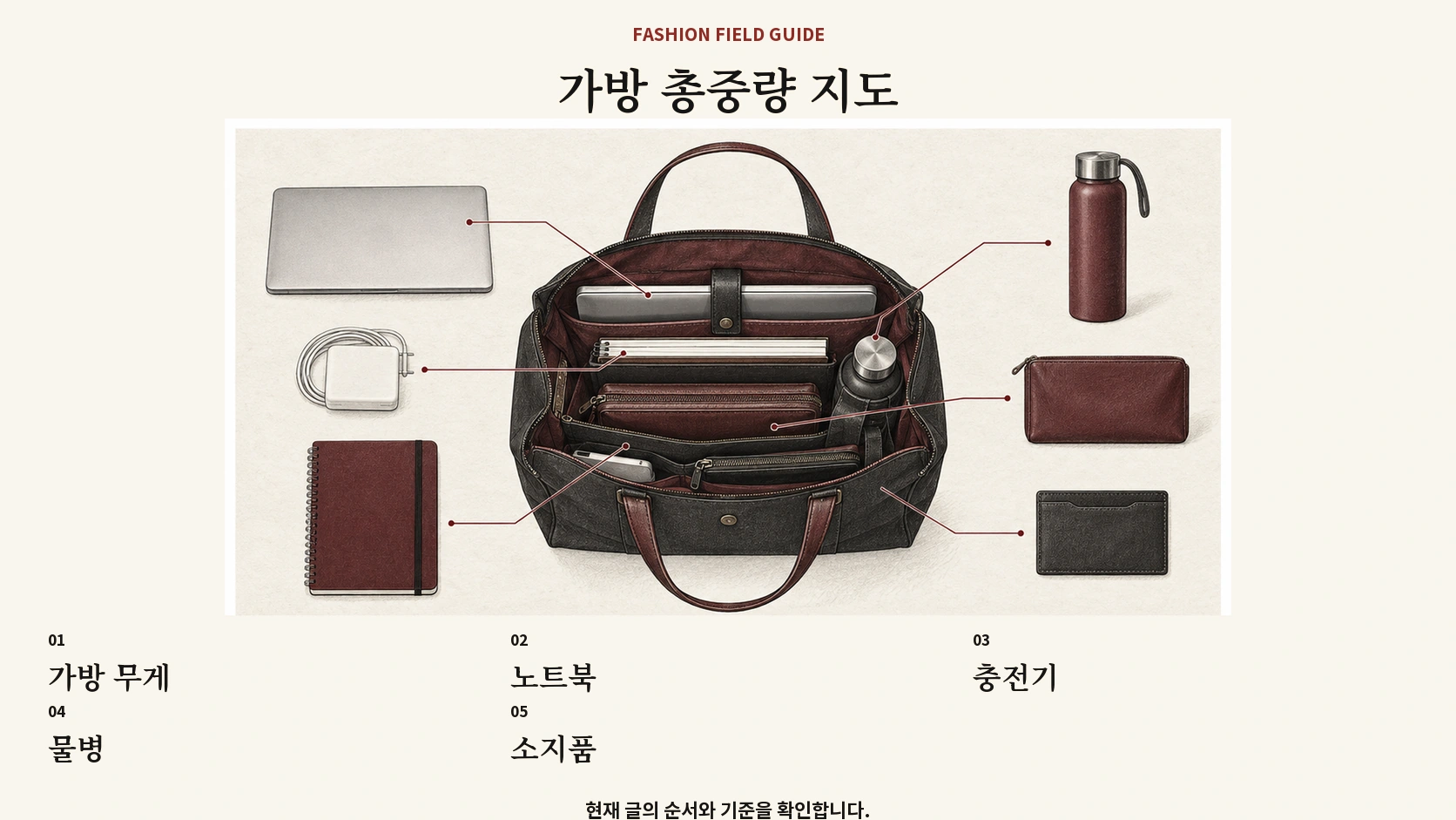 가방 자체 무게와 노트북 소지품을 합산해 보는 총중량 지도