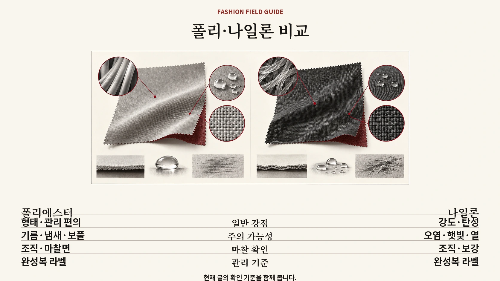 폴리에스터와 나일론을 조직 두께 마찰 건조 기준으로 비교한 표