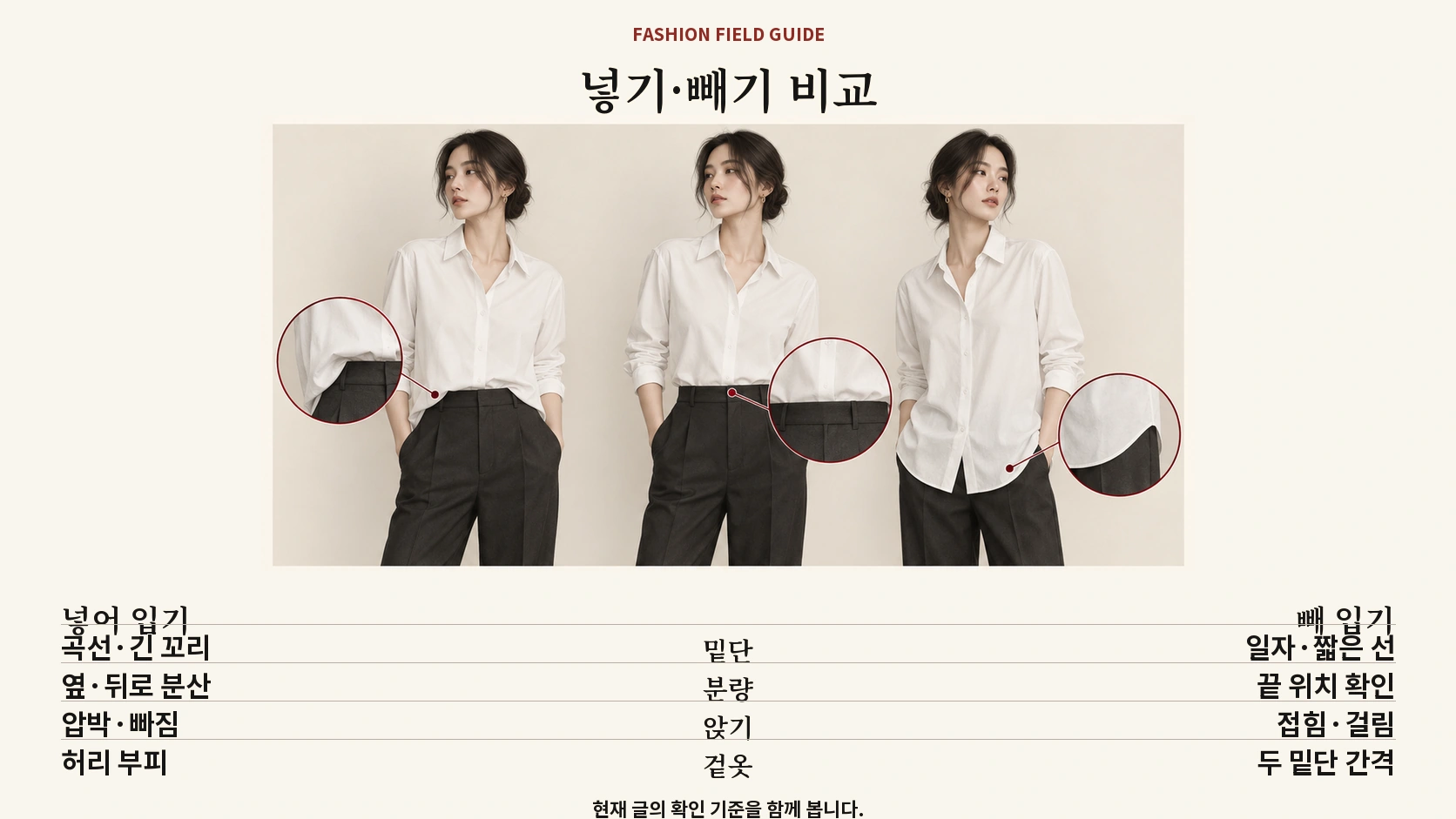 셔츠를 앞만 넣고 전체 넣고 밖으로 입은 세 가지 기장 비교