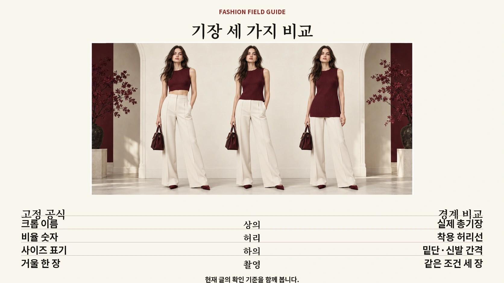 상의 기장과 하의 시작점이 다른 세 가지 코디 비율 비교
