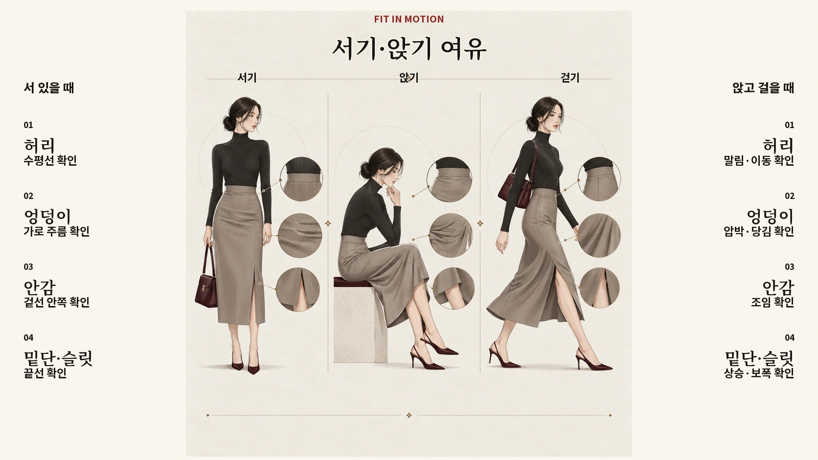 스커트를 입고 서고 앉을 때 엉덩이 당김과 밑단 이동 비교