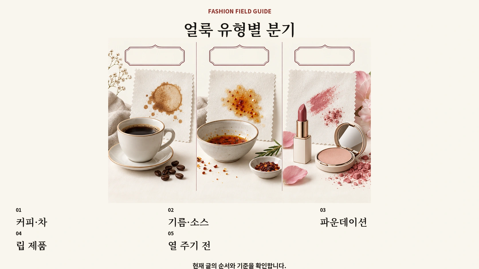 커피 기름 화장품 얼룩을 유형별로 나눈 처리 분기표