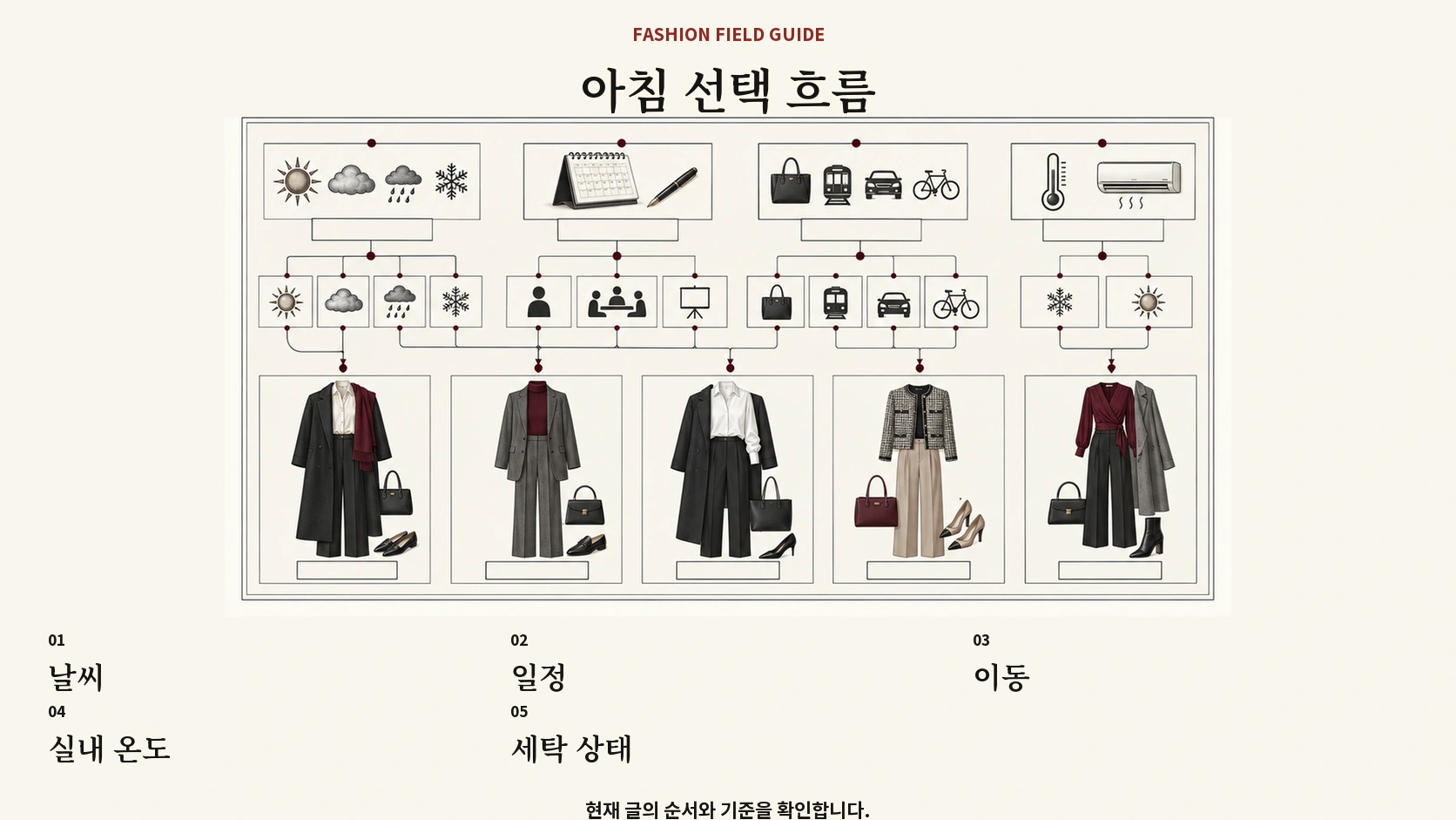 날씨 일정 이동 실내 온도로 출근 옷을 고르는 결정 흐름