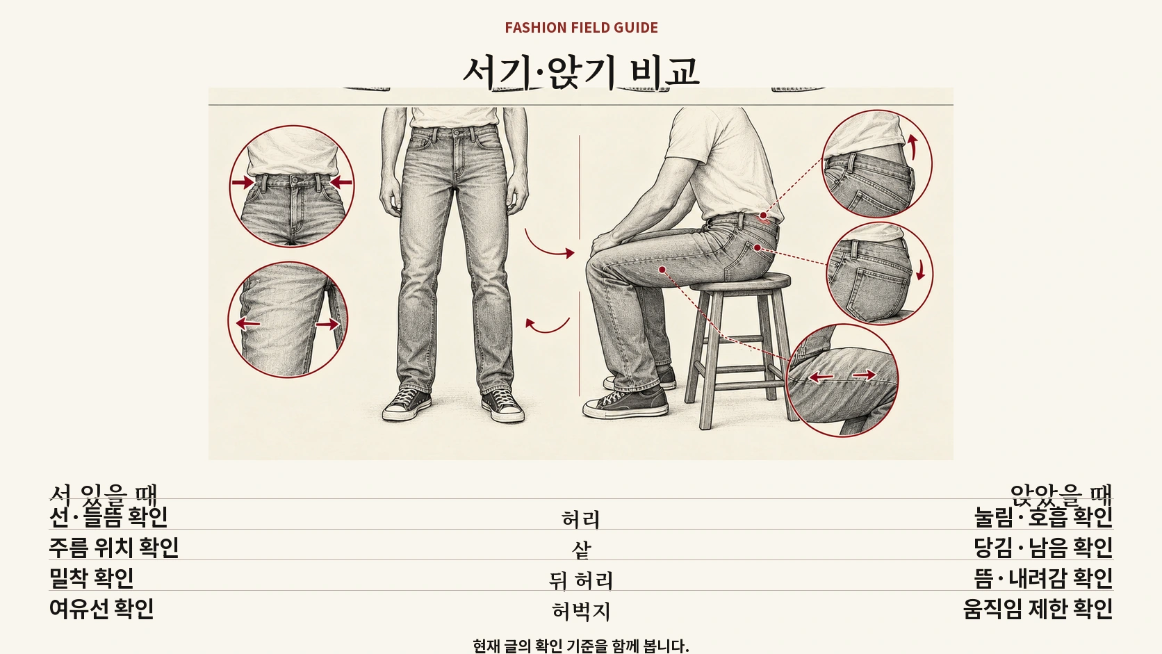 청바지를 입고 서고 앉을 때 허리와 허벅지 눌림을 비교한 표