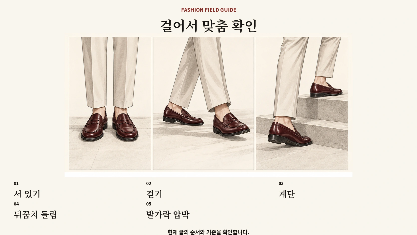 로퍼를 신고 걷고 계단을 오르며 압박과 들림을 확인하는 표