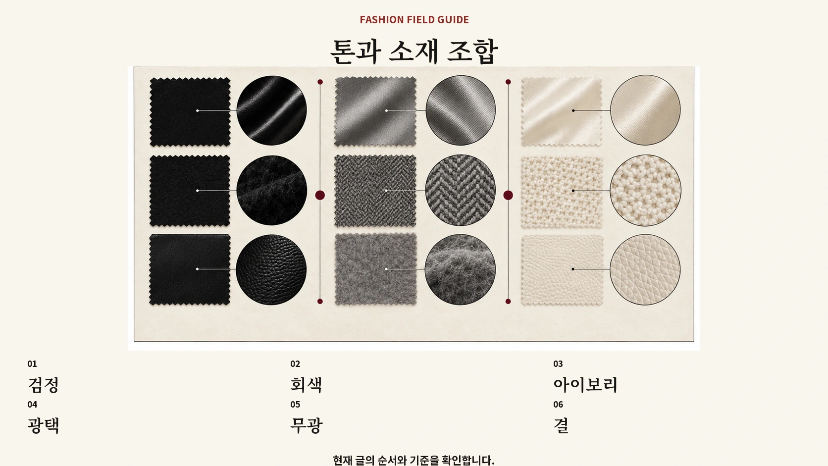 검정 회색 아이보리의 톤과 광택 무광 소재 결을 비교한 표