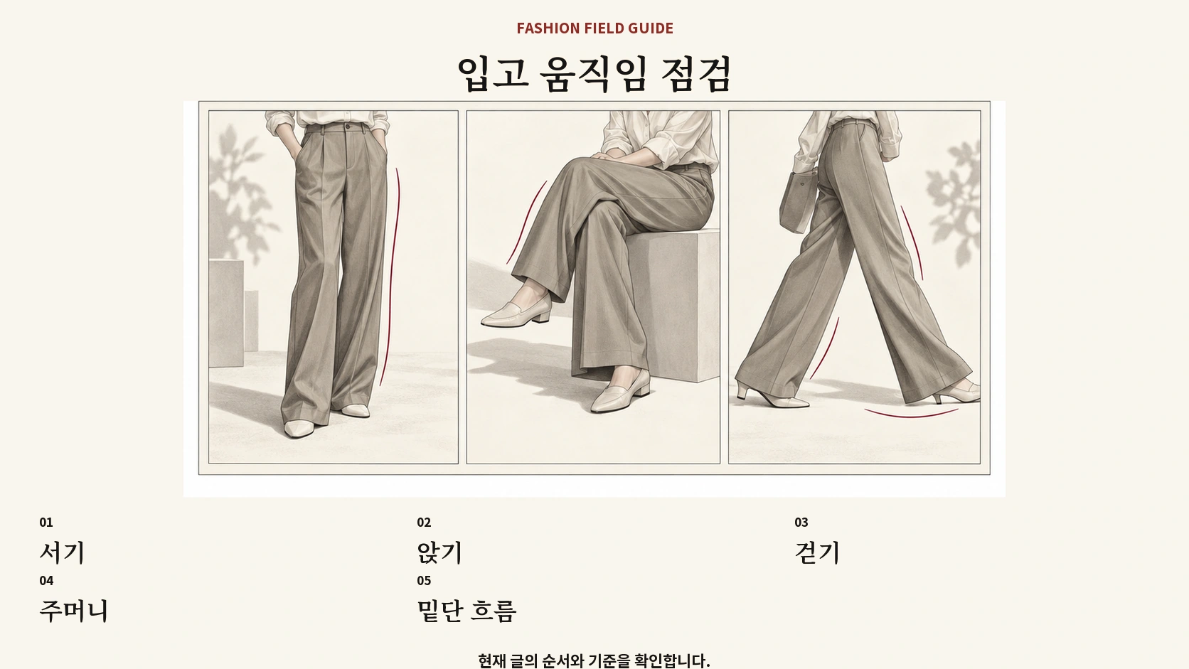 바지를 입고 서고 앉고 걸으며 주머니와 밑단을 확인하는 표