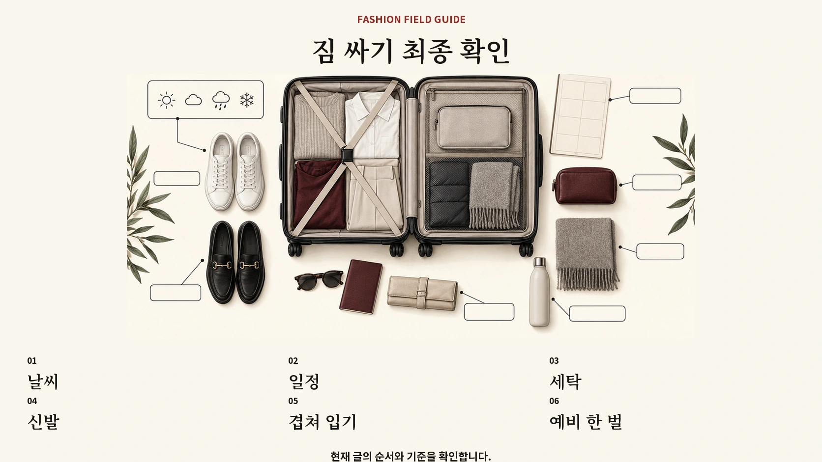 여행 가방을 닫기 전 날씨 일정 세탁 신발을 확인하는 목록