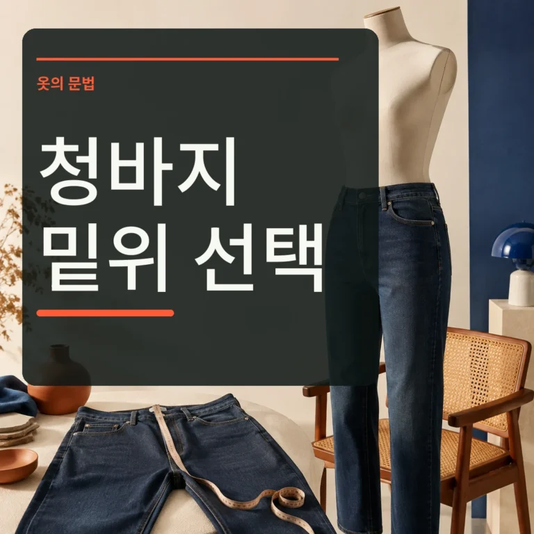 청바지 밑위 실측과 앉는 동작을 보여주고 청바지 밑위 선택 문구를 넣은 대표 이미지