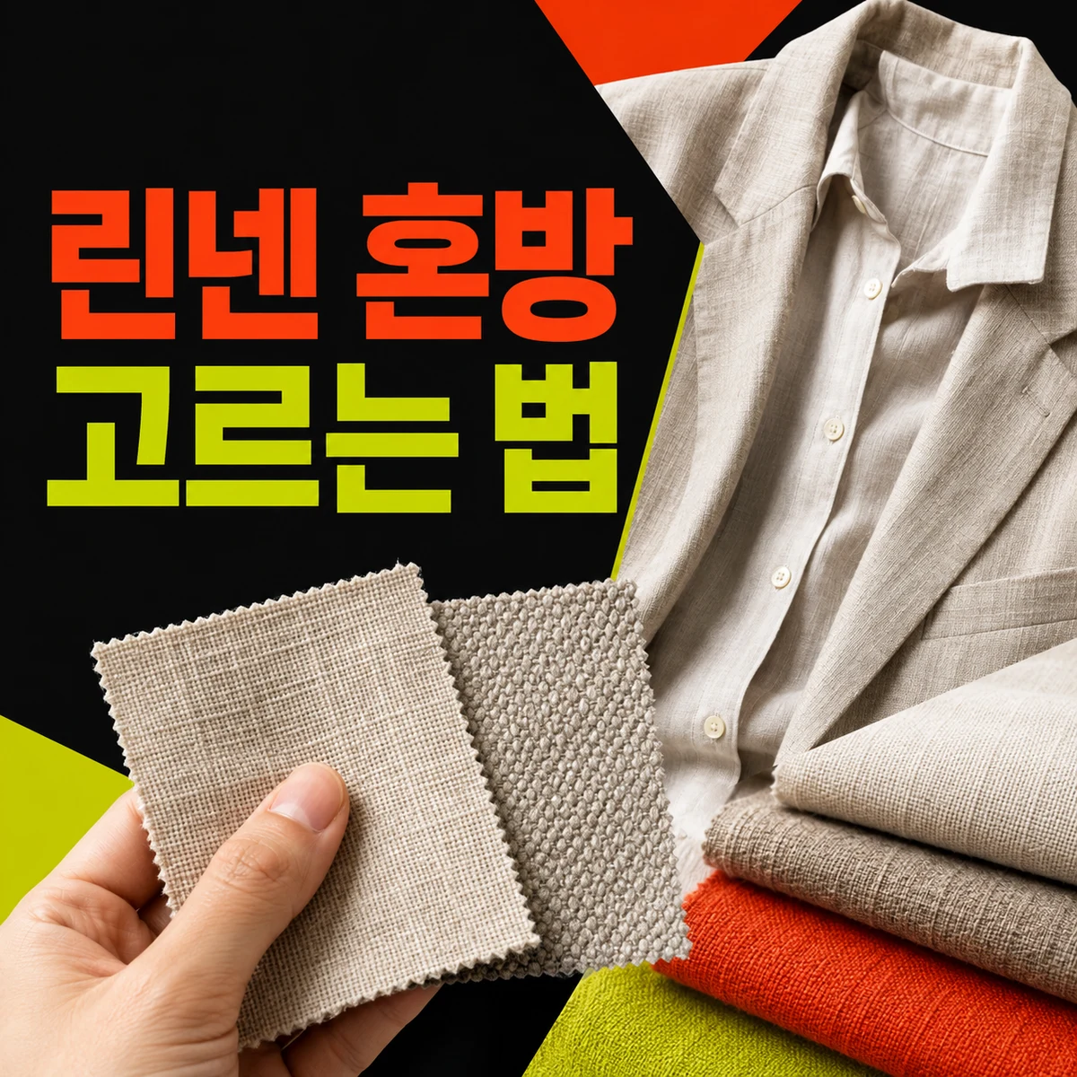 린넨 재킷과 원단 조각을 비교하는 린넨 혼방 선택 장면
