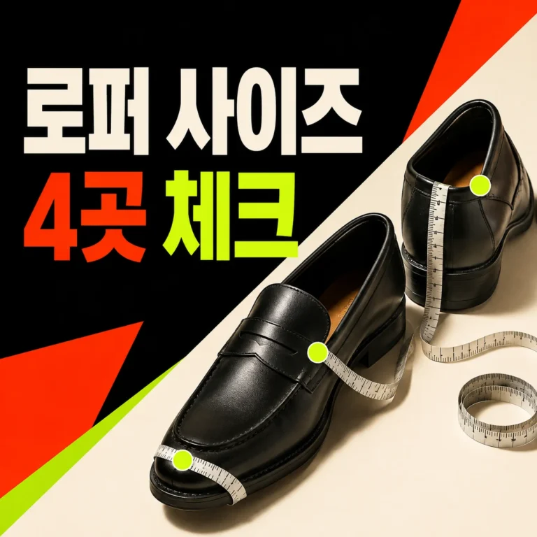 줄자로 네 지점을 재는 로퍼 사이즈 4곳 체크