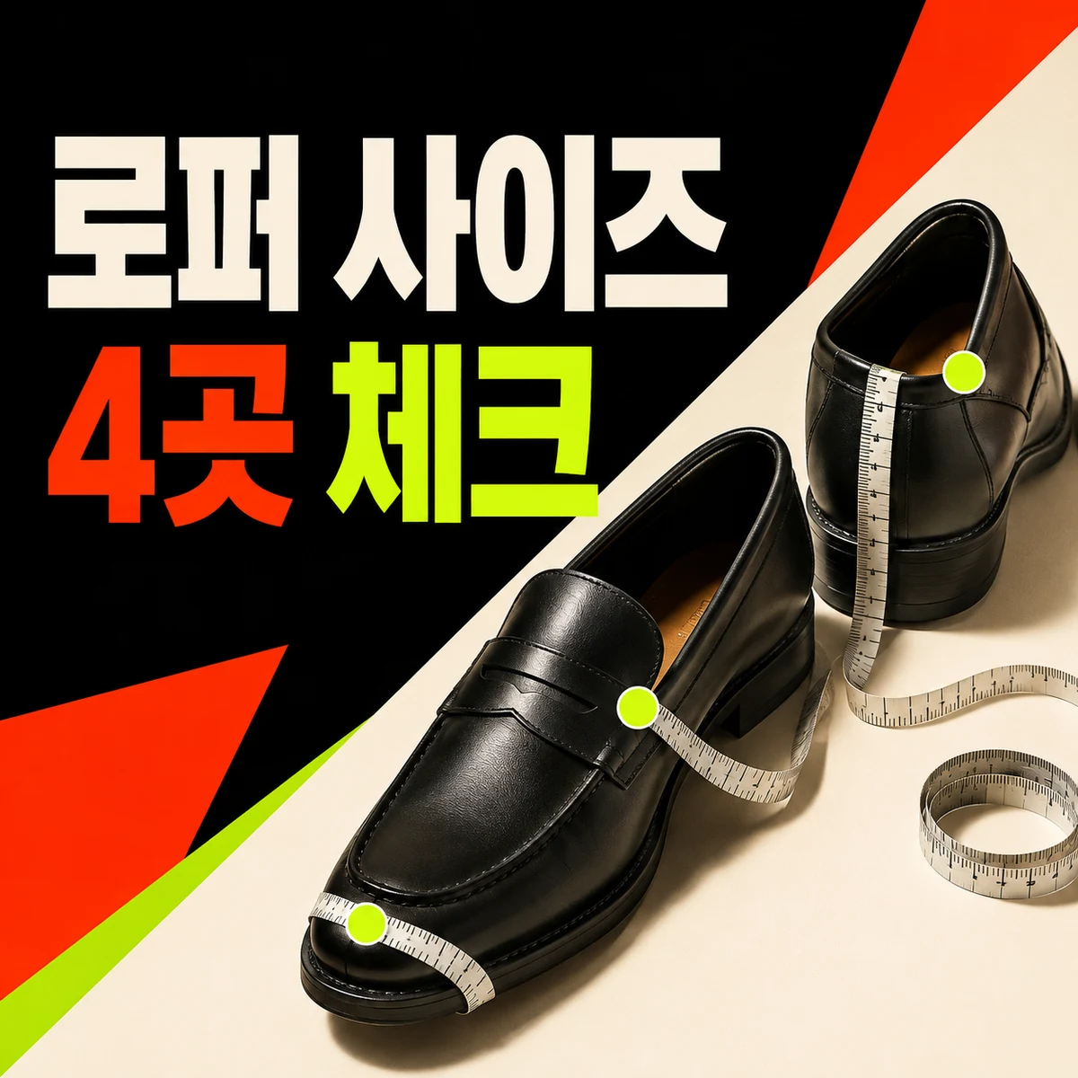 줄자로 네 지점을 재는 로퍼 사이즈 4곳 체크