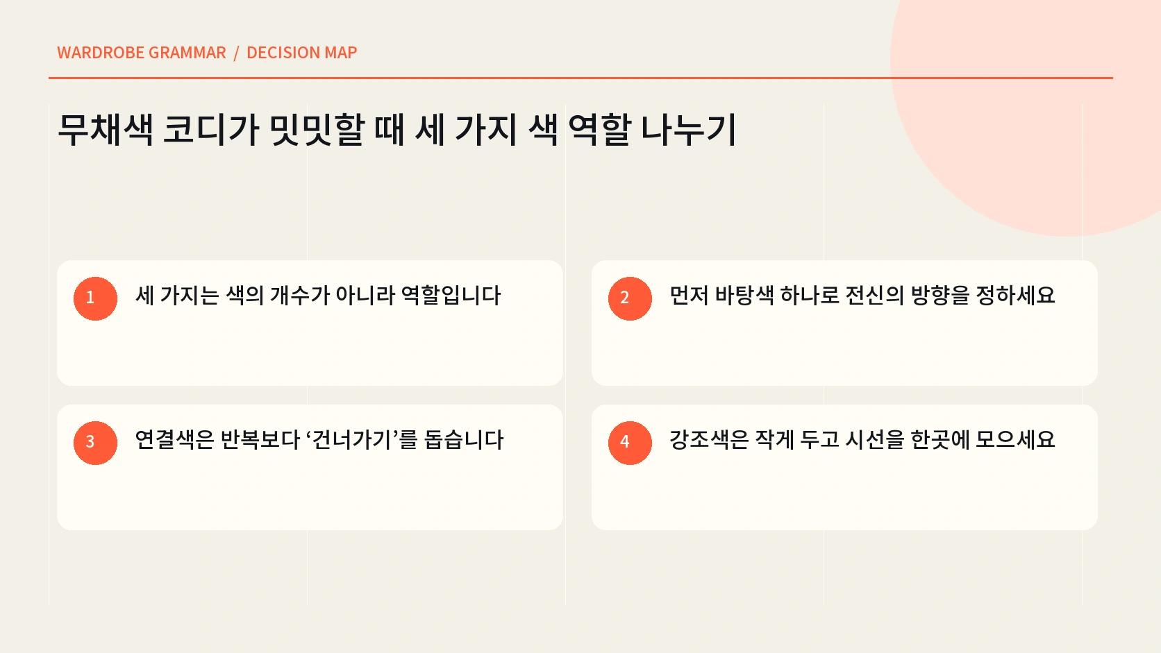 무채색 코디의 바탕색 연결색 작은 강조색 역할 안내