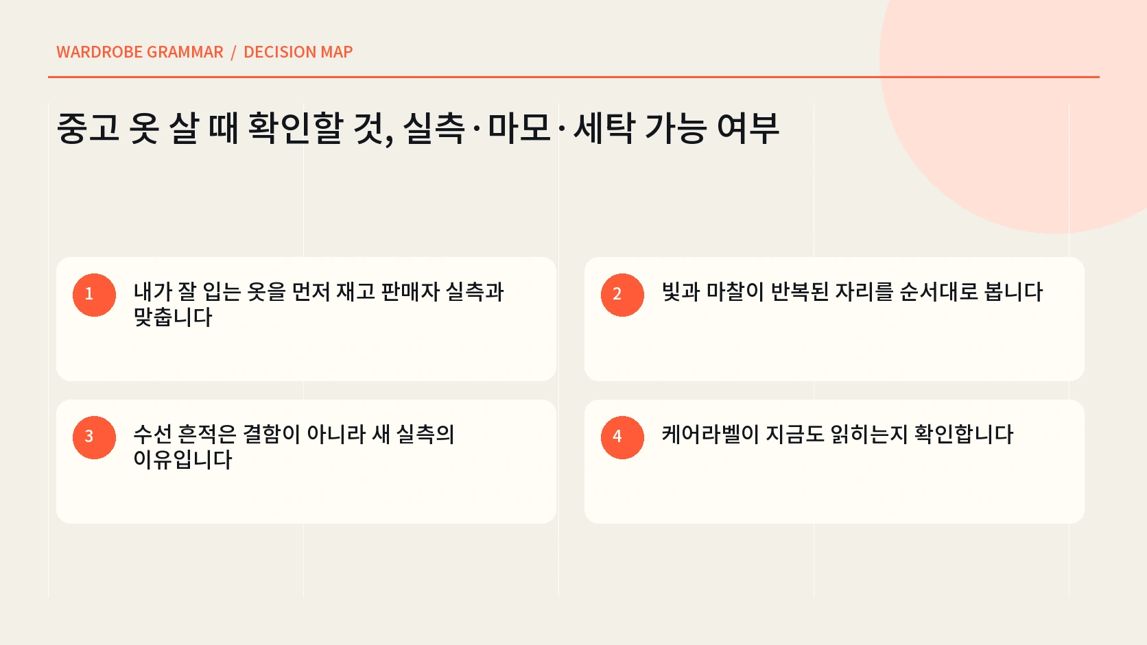 실측 마모 수선 케어라벨 거래조건을 연결한 중고 옷 한글 인포그래픽