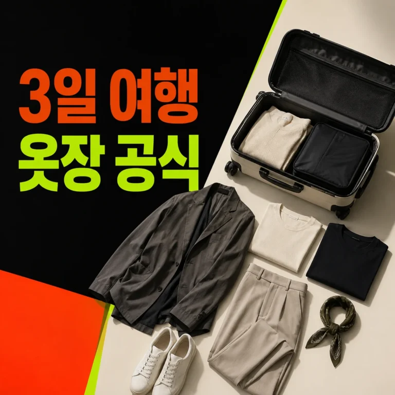 캐리어 옆에 최소 옷을 펼친 3일 여행 옷장 공식
