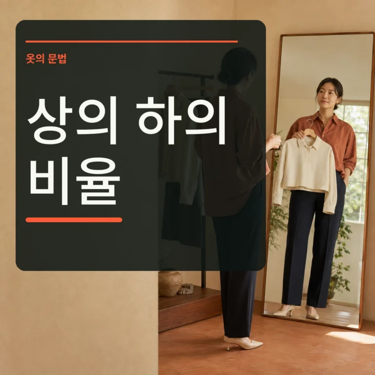 전신 거울 앞에서 두 가지 상의 기장을 비교하는 장면 위에 상의 하의 비율 문구를 넣은 대표 이미지