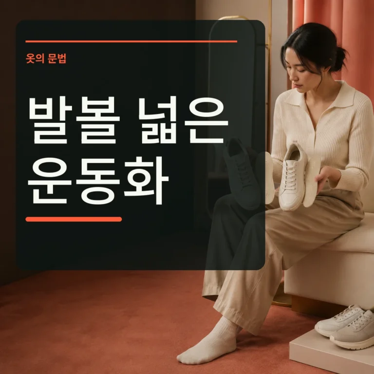 피팅 공간에서 토박스 형태가 다른 운동화와 안창을 비교하는 장면 위에 발볼 넓은 운동화 문구를 넣은 대표 이미지